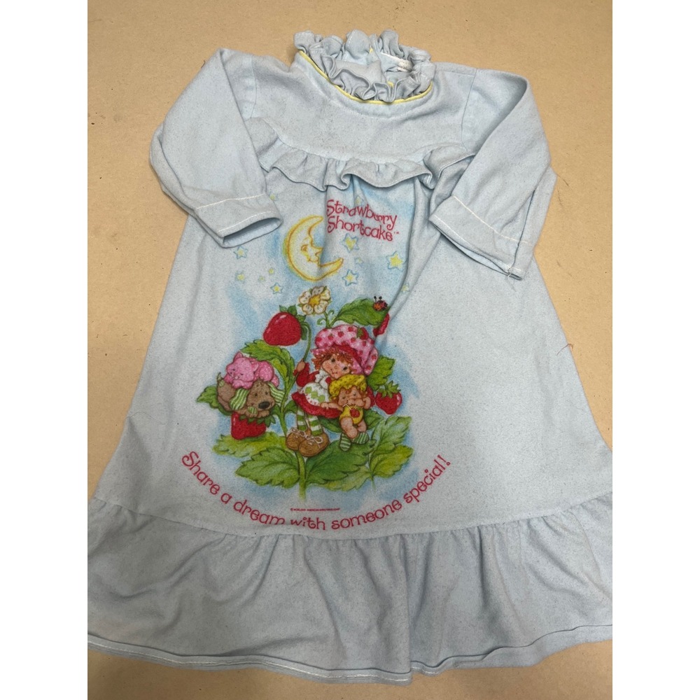 Vintage Strawberry Shortcake Nightgown Blue Ruffle Long Sleeve 1980s 3-6M